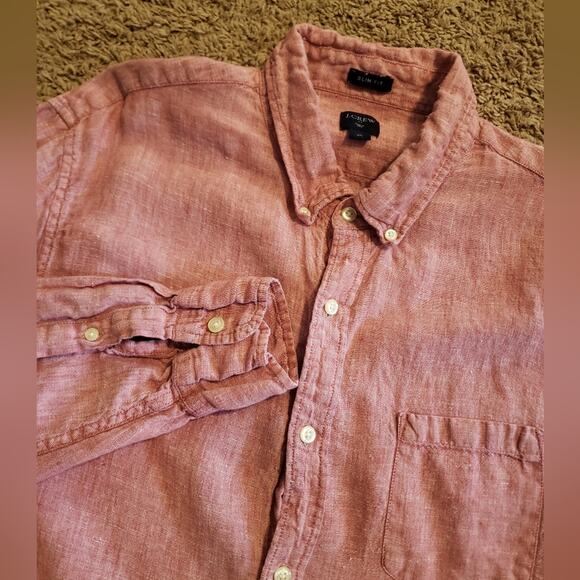 J. Crew 100% Linen Button Down Long Sleeve Shirt Red Mens XL Slim Fit - Picture 1 of 6